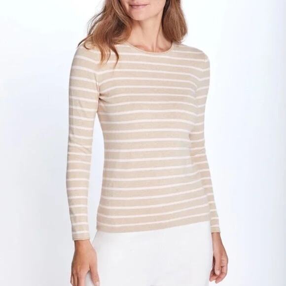 J. McLaughlin Poet Tan & Pink Stripe Modal Blend Long Sleeve Knit Sweater - Picture 1 of 7